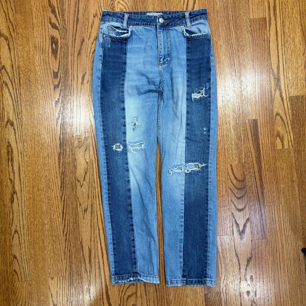Free People Two-Tone Distressed Cropped Jeans in Light Blue and Dark Blue